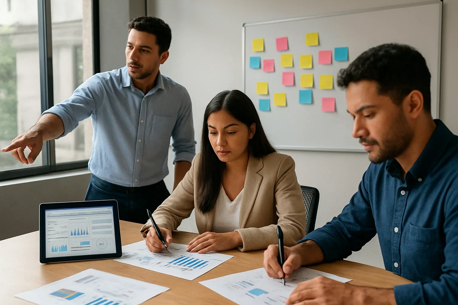 Una persona de producto revisa en una sala de reuniones un tablero con métricas de trabajo mientras conversa con dos colegas frente a una pantalla con herramientas de IA.