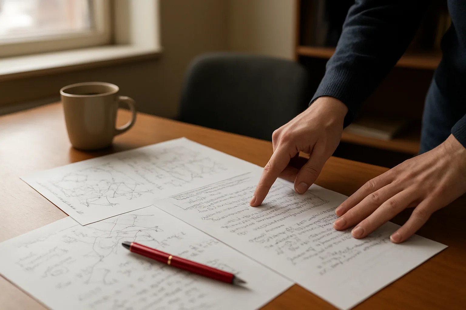 Una persona revisa una demostración matemática impresa junto a una libreta llena de fórmulas y una pantalla con notas técnicas en una mesa de trabajo.