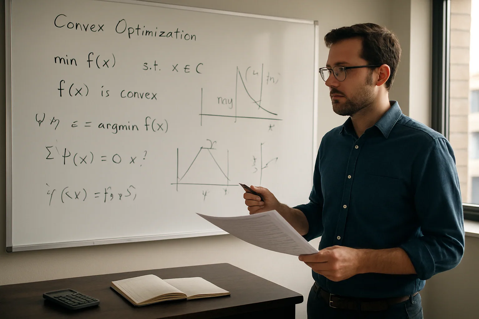 Un investigador revisa anotaciones matemáticas impresas junto a un pizarrón lleno de fórmulas de optimización convexa en una oficina moderna.