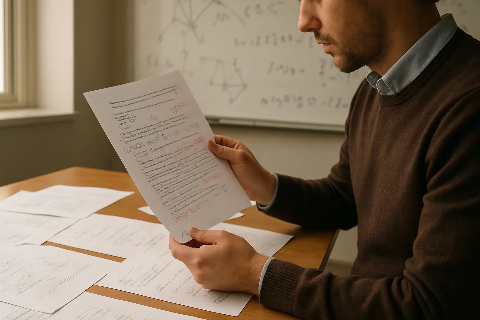 Un investigador revisa una demostración matemática impresa junto a anotaciones a mano sobre un escritorio con una pizarra al fondo.