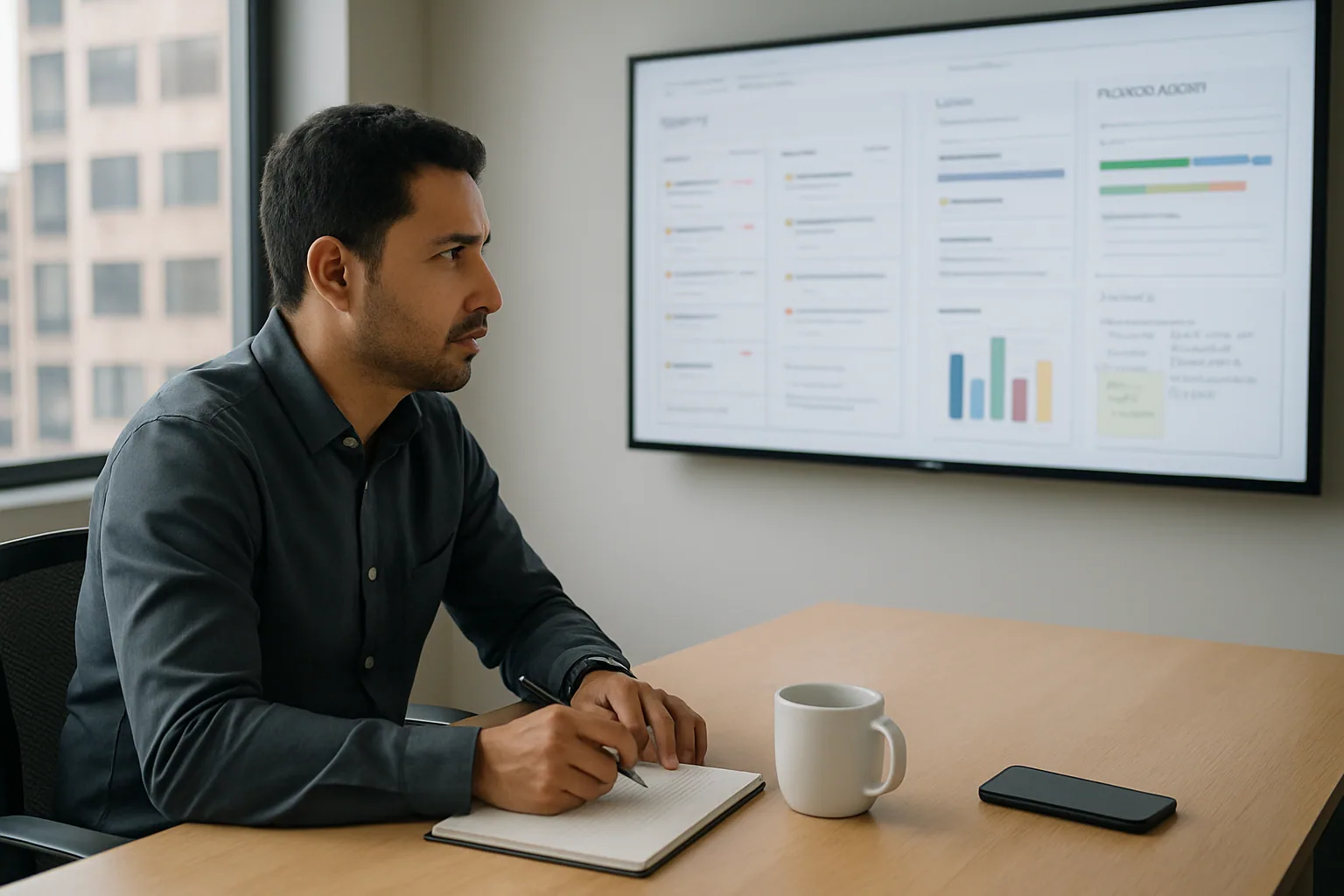 Una persona de producto revisa en una sala de reuniones un tablero con tareas, métricas y notas mientras usa ChatGPT Work Agent en una pantalla grande.