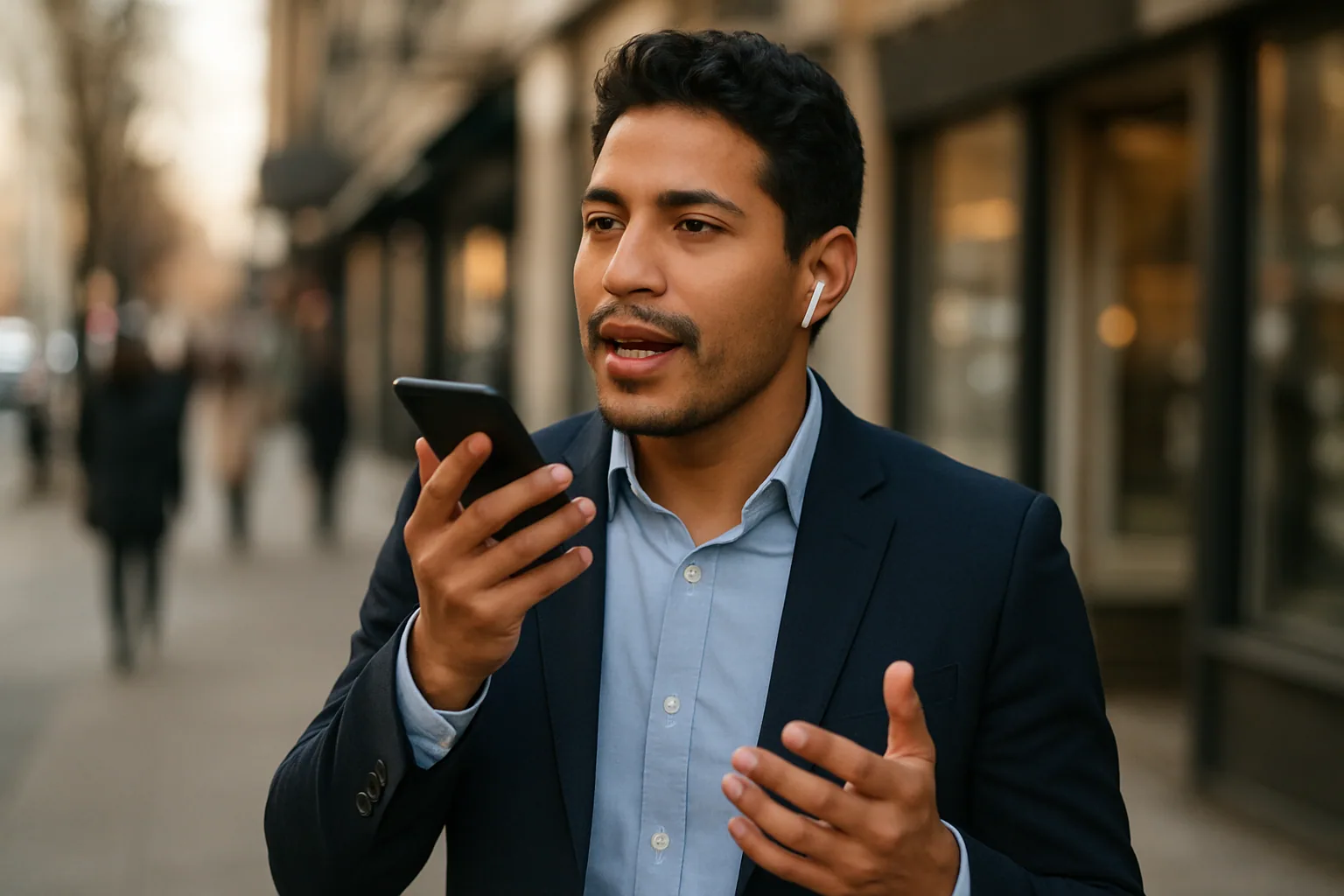 Una persona habla con un asistente de voz en un celular mientras camina por una calle urbana, con audífonos inalámbricos y una expresión concentrada.