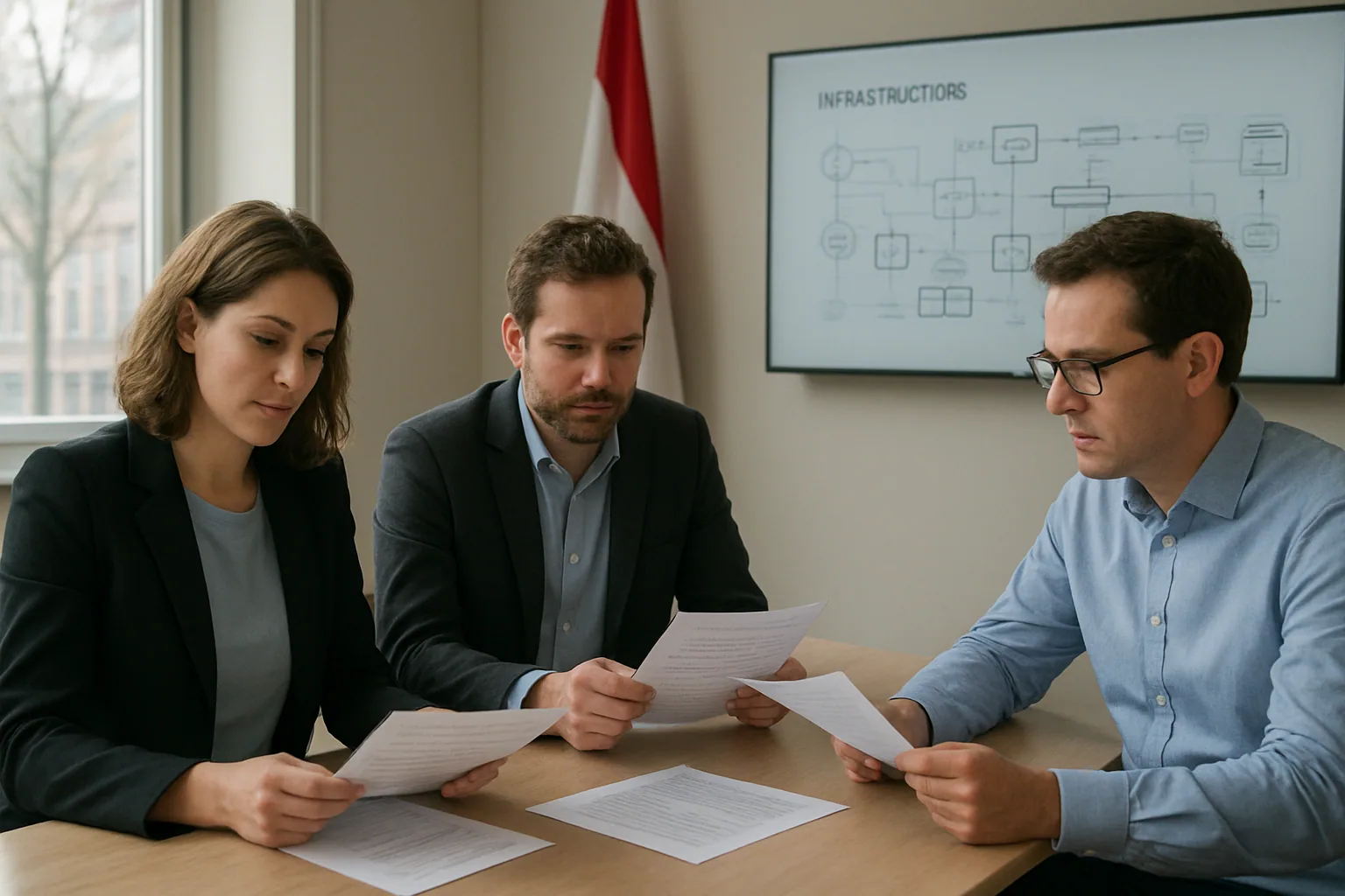 Un equipo técnico revisa un plan de despliegue de inteligencia artificial en una sala de reuniones con pantallas de datos y mapas, mientras una bandera de Países Bajos aparece al fondo.