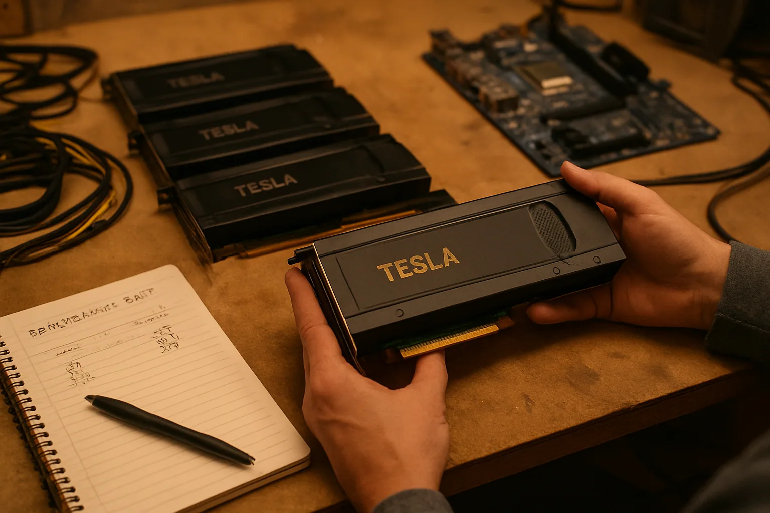Una mesa de laboratorio con varias GPUs Tesla antiguas alineadas junto a una fuente de poder y cables, fotografiadas como equipo de segunda mano listo para pruebas.