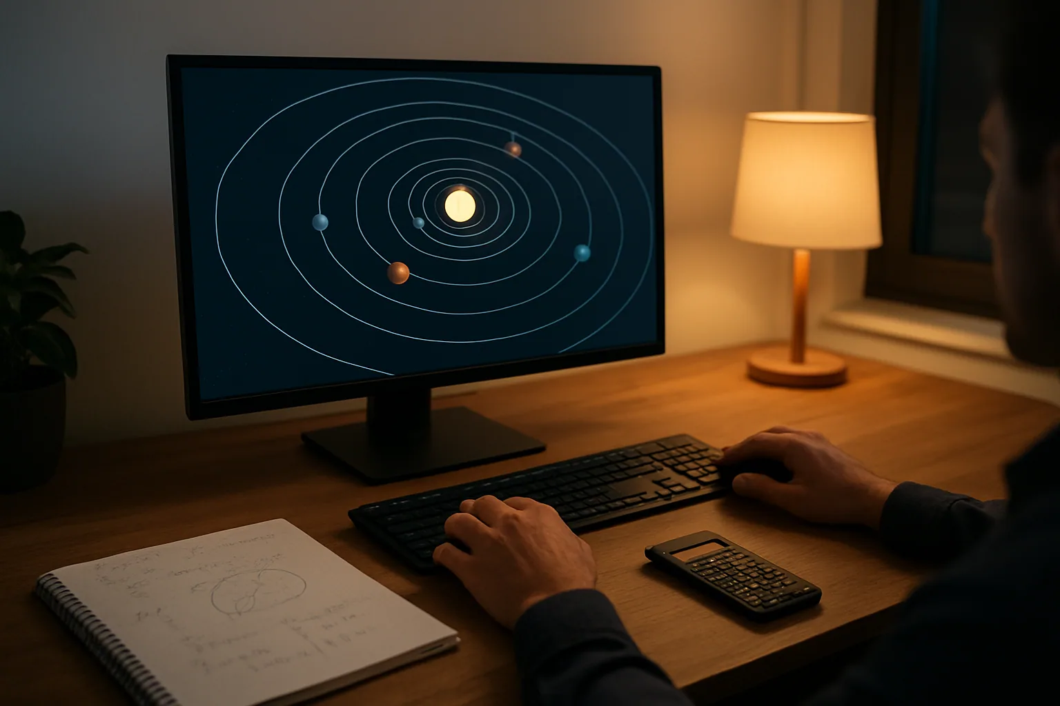 Una vista del sistema solar simulado en el navegador con órbitas, planetas y controles para cambiar entre modelos gravitacionales.