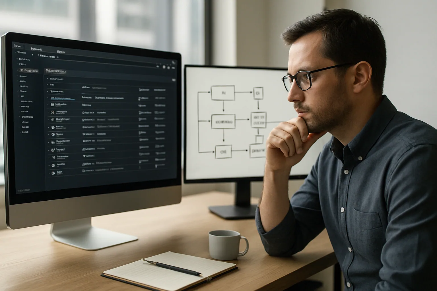 Una persona revisa una consola de AWS en una oficina mientras en otra pantalla se ve una arquitectura de servicios de IA conectados.