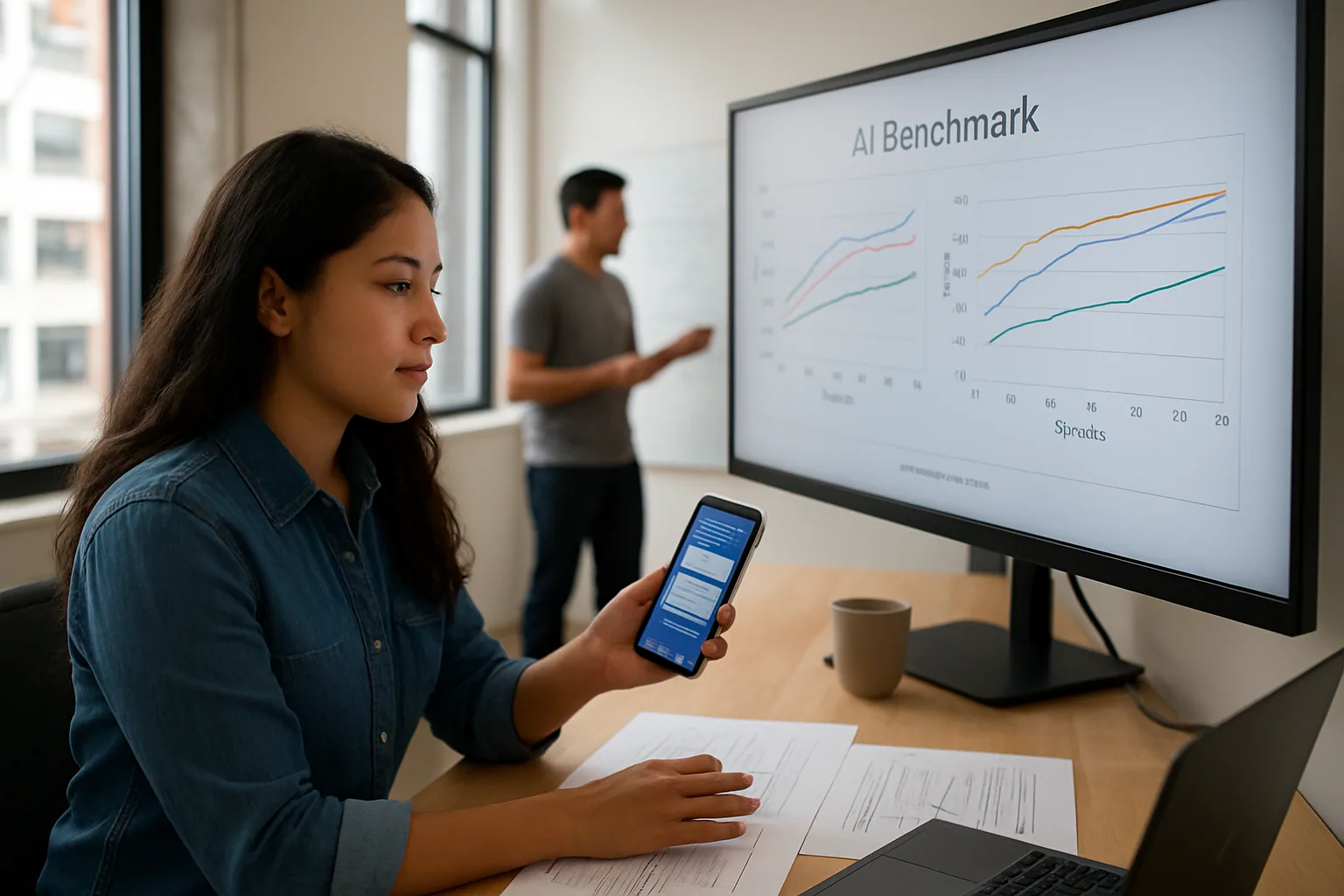 Una pantalla con la interfaz de Grok abierta en una oficina moderna mientras una persona revisa resultados de benchmarks en una computadora portátil y un teléfono al lado.