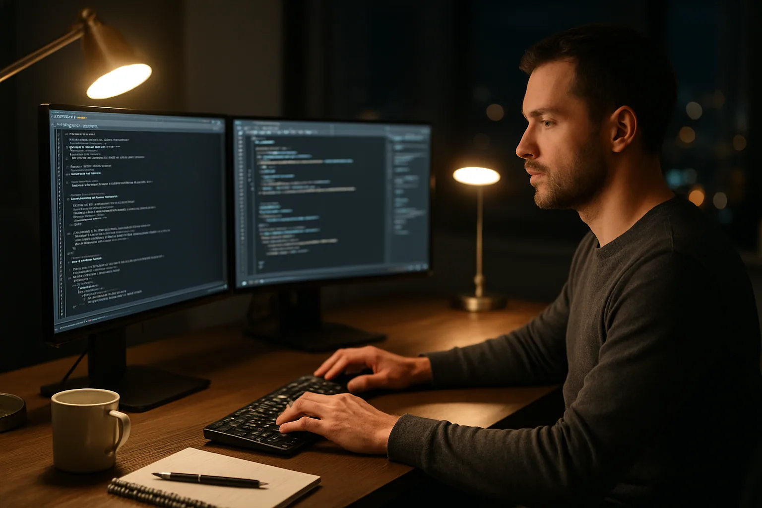 Un desarrollador trabaja frente a una terminal en una oficina moderna mientras revisa tareas de código y automatización en varios monitores.