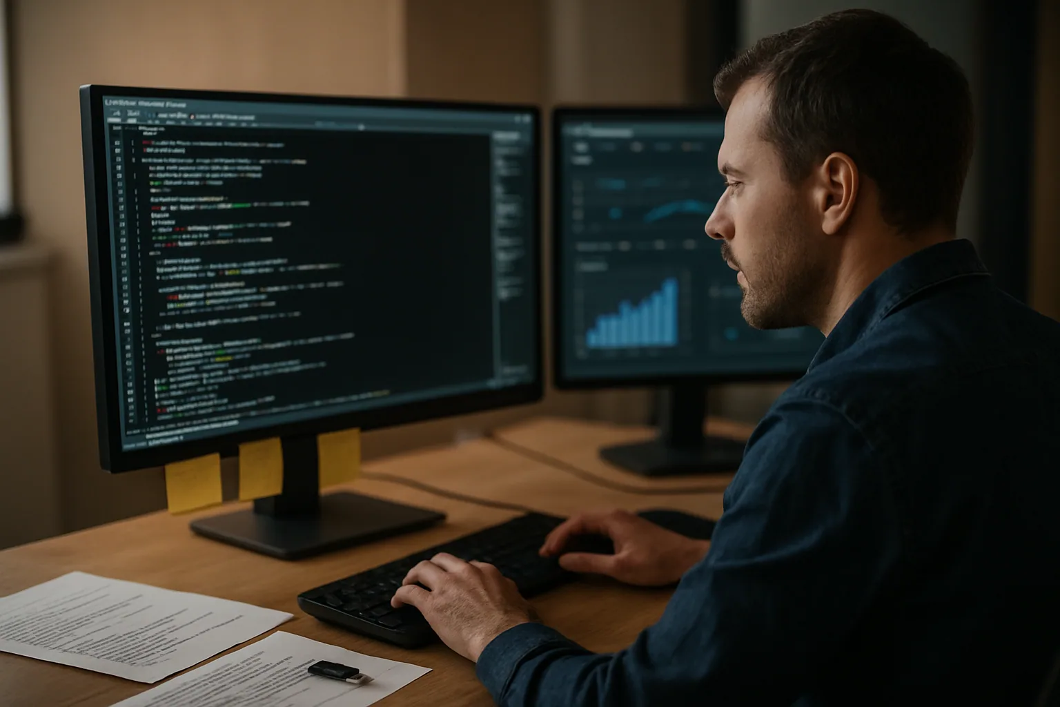 Una persona revisa en una terminal de consola un repositorio con archivos de configuración y credenciales, mientras en una segunda pantalla se ve un panel de telemetría.
