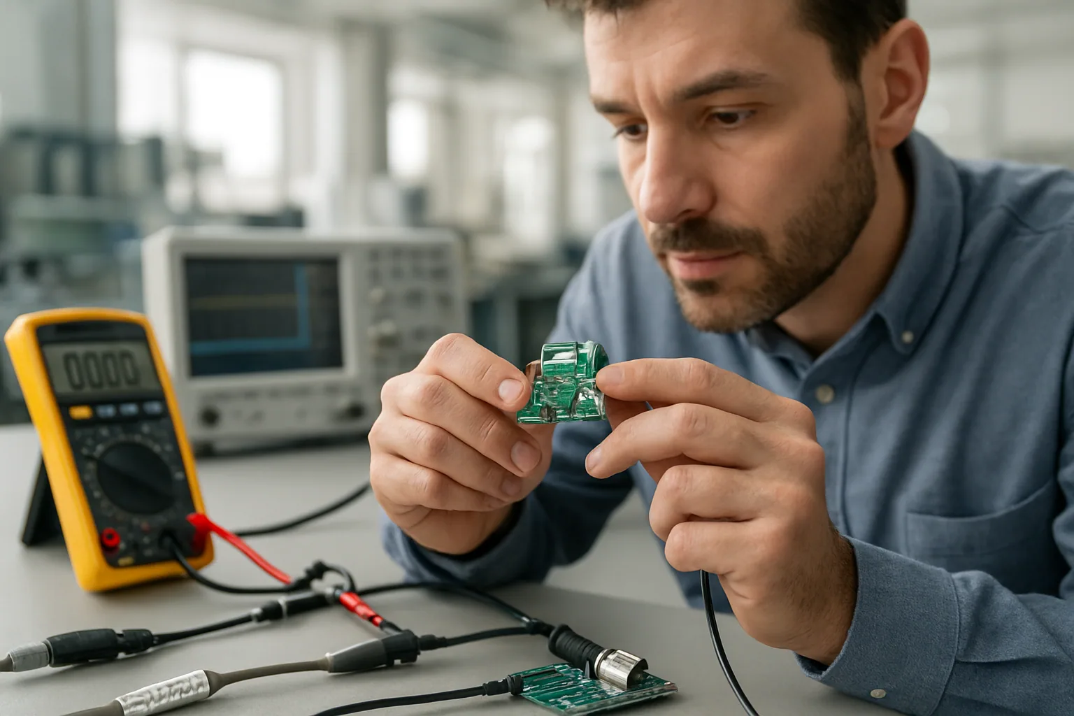 Un ingeniero revisa un conector USB-C en una placa electrónica mientras mide señales con una sonda y un multímetro sobre una mesa de laboratorio.