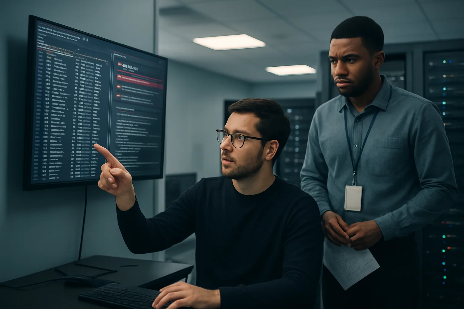 Un equipo de seguridad revisa alertas de acceso y registros en una sala de operaciones con monitores, mientras un desarrollador observa un panel de dependencias y credenciales comprometidas.