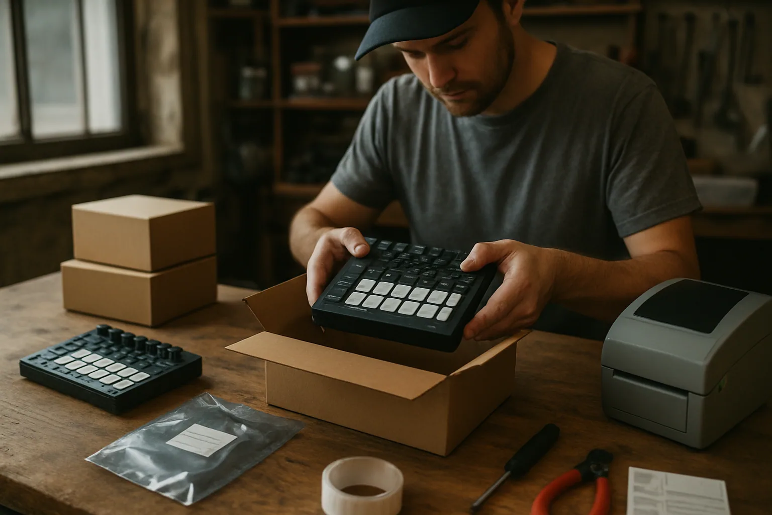 Una persona revisa una pequeña línea de ensamblaje con varios dispositivos MIDI sobre una mesa de trabajo, cajas de envío al fondo y herramientas de producción alrededor.