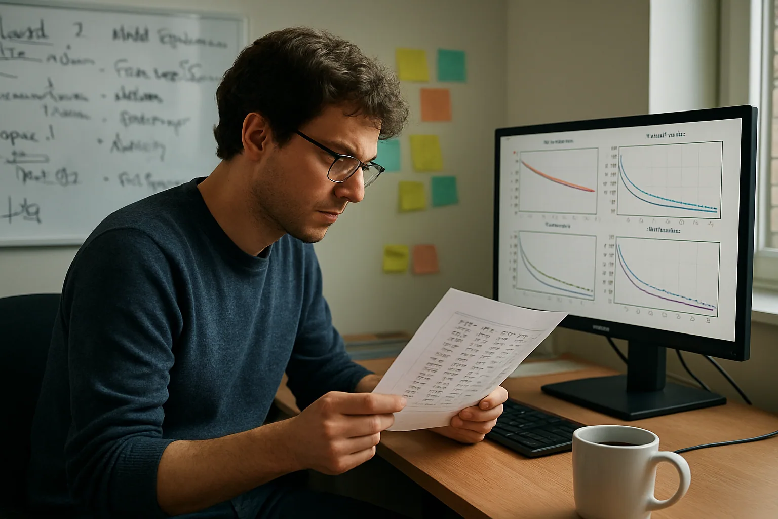 Una persona revisa métricas de entrenamiento de un modelo de lenguaje en una pantalla de laboratorio, con gráficos y notas técnicas alrededor.