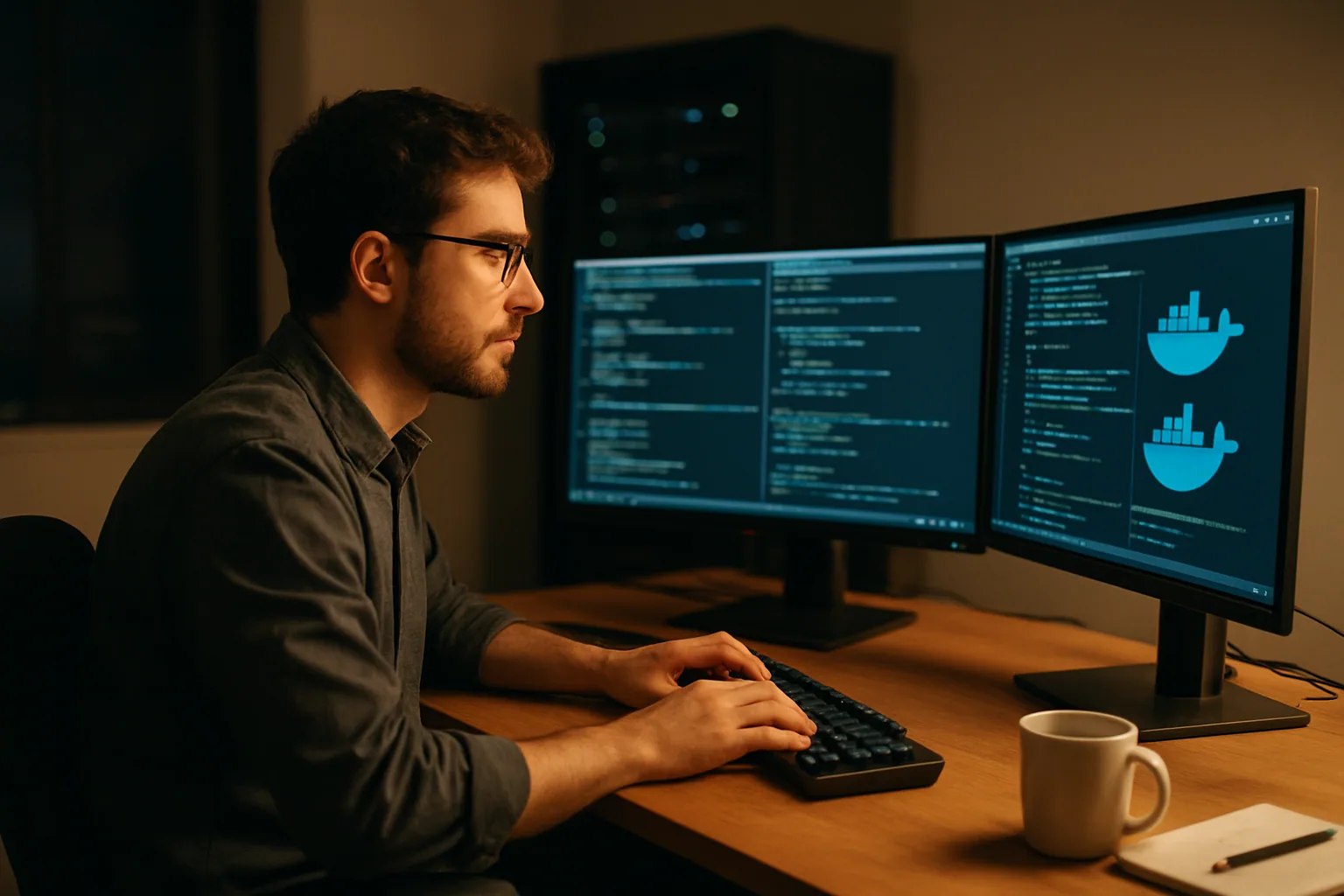 Una persona trabajando en una terminal con varias ventanas abiertas en una oficina técnica, con pantallas mostrando comandos, contenedores y logs.
