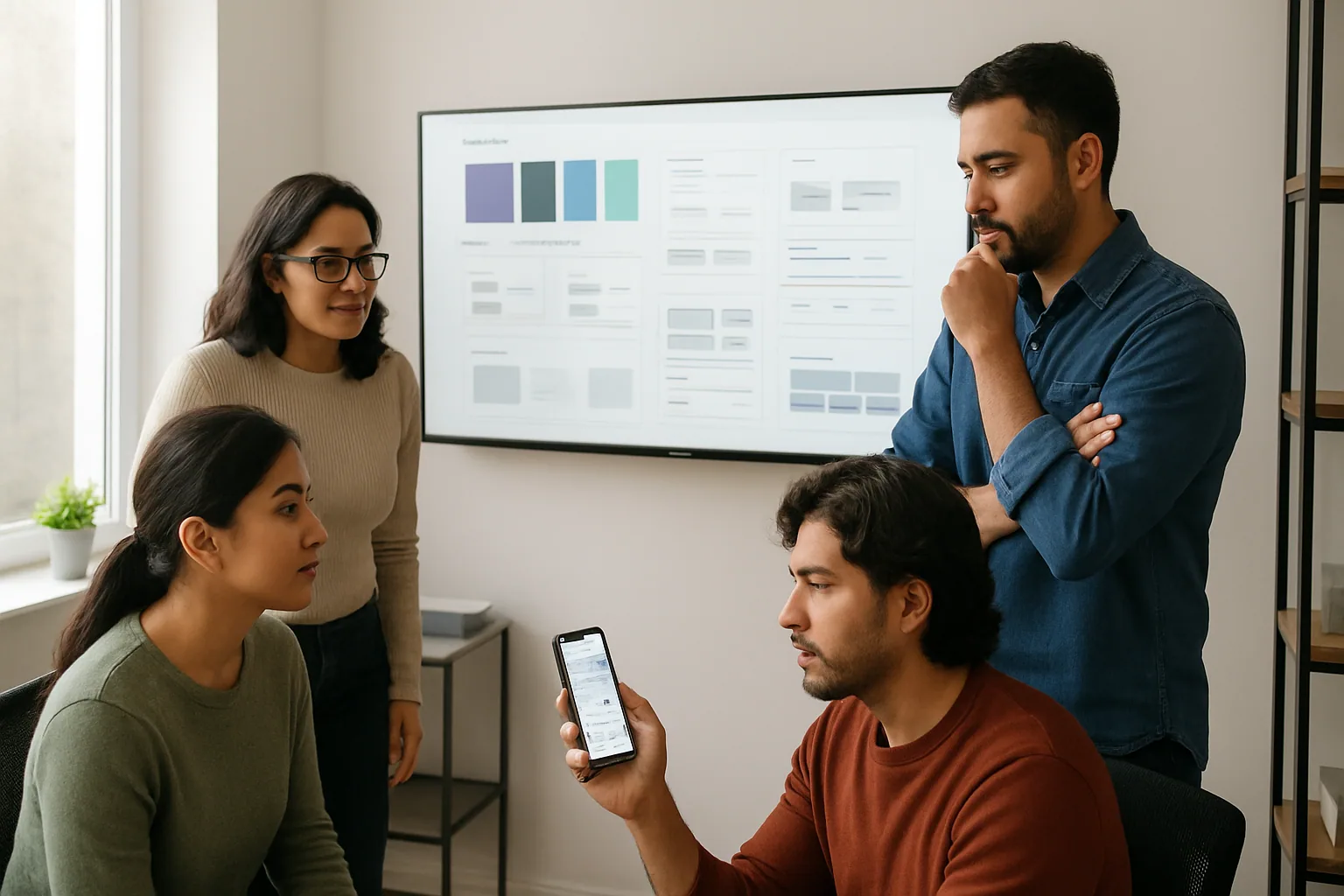 Equipo de frontend revisando una interfaz de HeroUI v3 en una pantalla grande mientras una persona prueba componentes en un móvil.