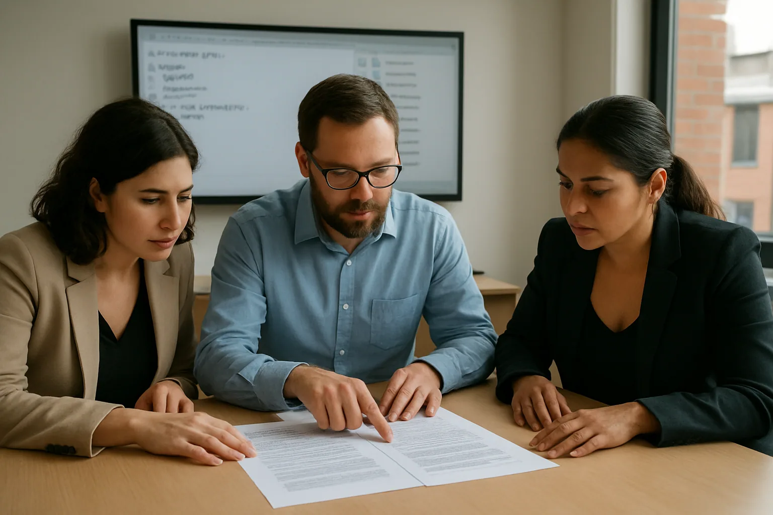 Un equipo revisa un documento Word en una mesa de trabajo mientras una pantalla muestra una vista previa de HTML y archivos de contrato abiertos.