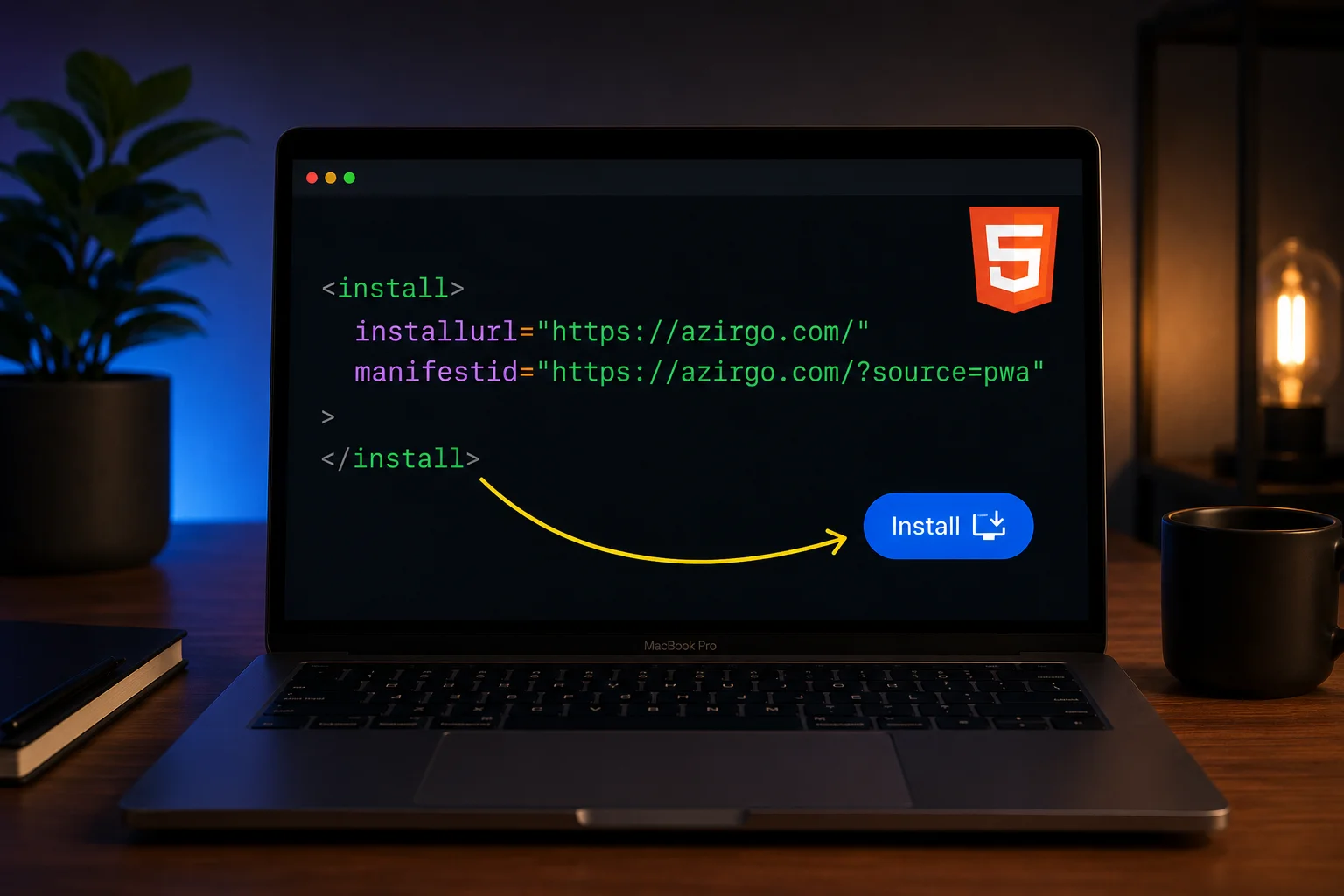 Botón install renderizado por el navegador sobre fondo oscuro con código HTML