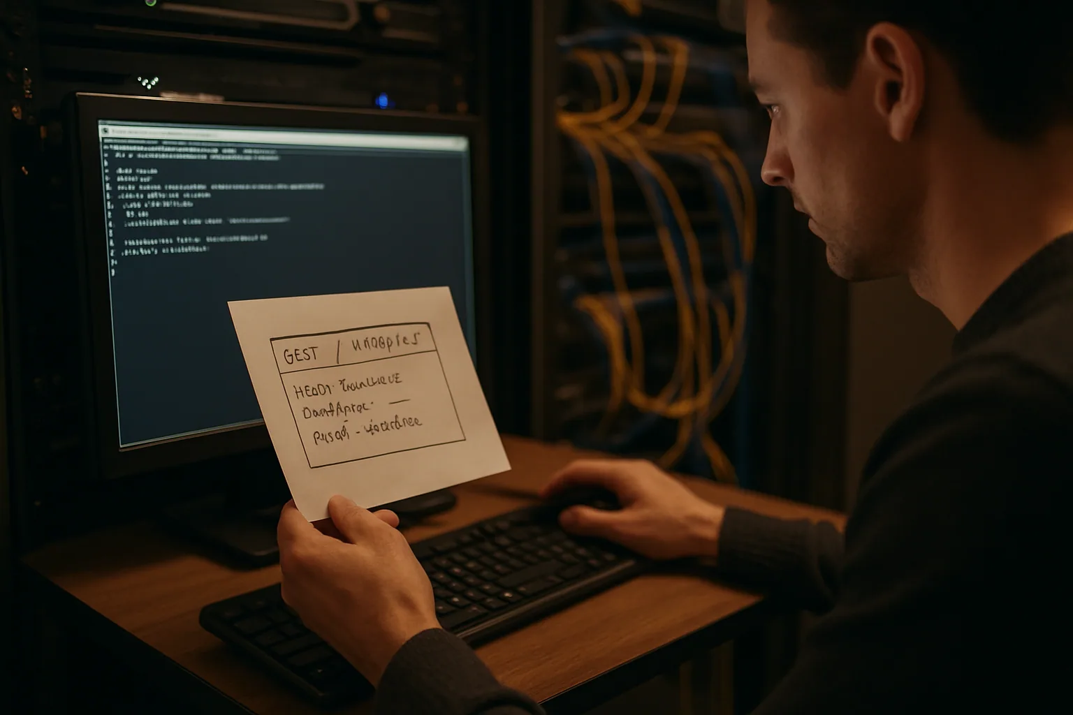 Una persona en una terminal de Linux revisa una conexión HTTP manual hecha con Bash, junto a notas técnicas impresas sobre una mesa.