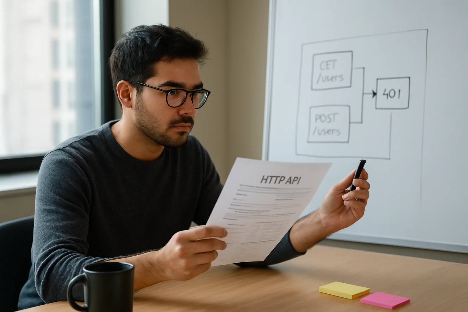 Una persona revisa documentación técnica impresa junto a una pizarra con diagramas de requests HTTP en una oficina moderna.