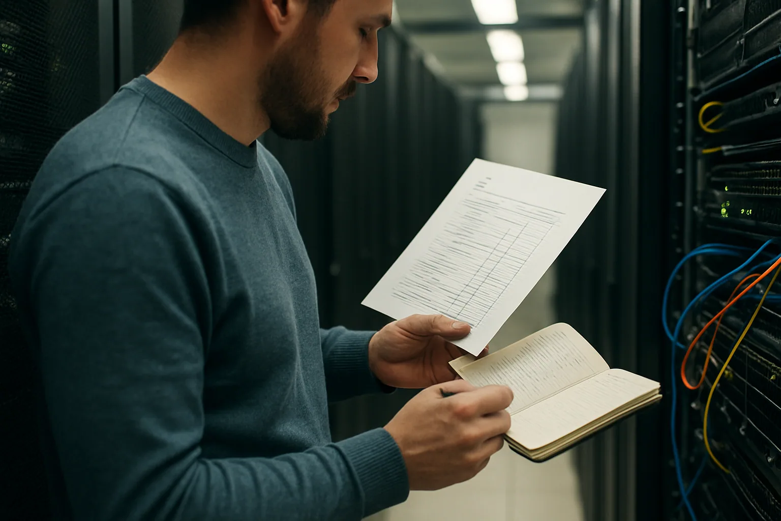 Un ingeniero revisa una configuración de Go en una pantalla de servidor dentro de un centro de datos, con racks al fondo y una libreta con notas técnicas sobre HTTP/2.