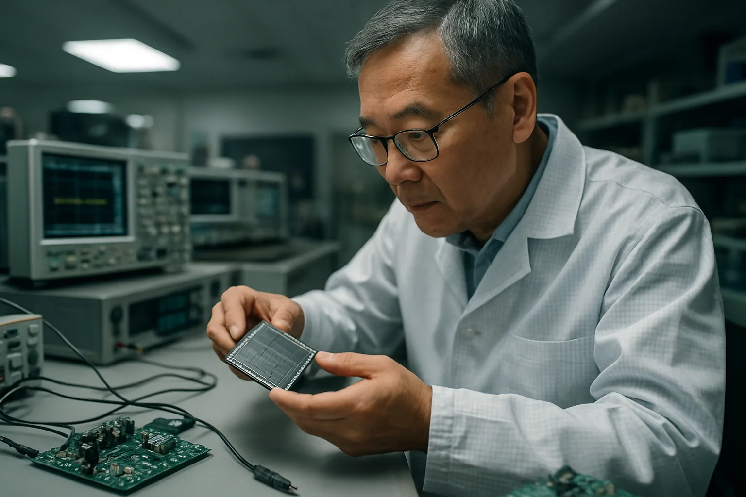 Un técnico revisa un módulo de chip semiconductor en un laboratorio de hardware con equipos de medición y placas electrónicas sobre una mesa.
