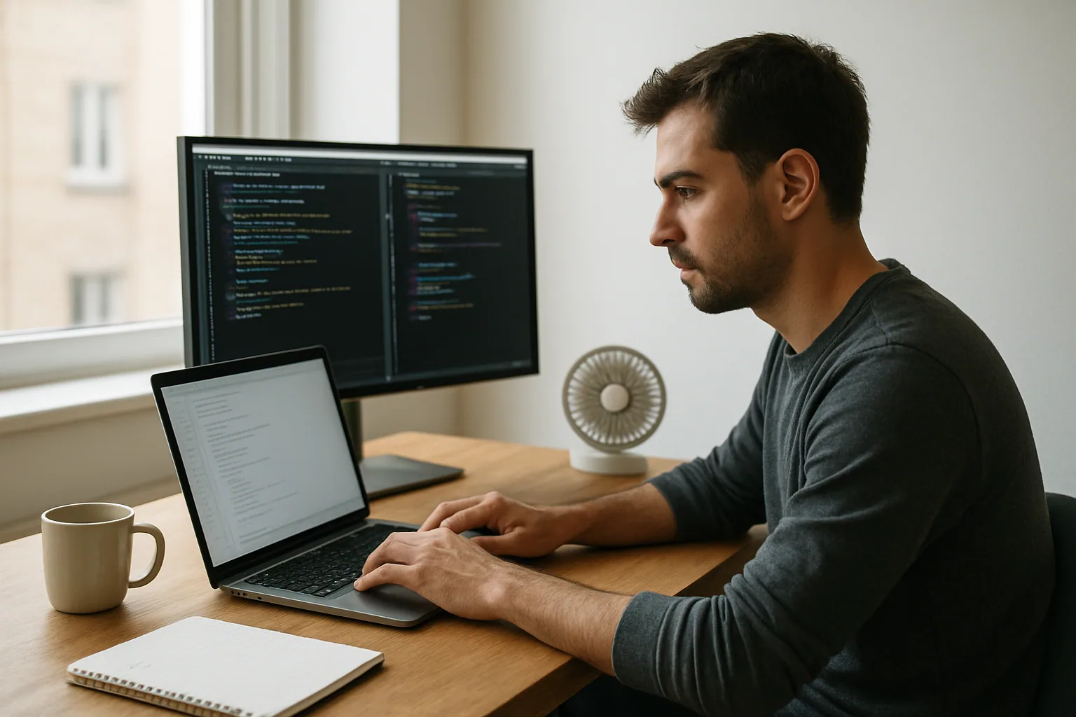 Una persona trabajando en una mesa de madera junto a un MacBook Pro, un monitor externo y una libreta con notas técnicas, en un escritorio realista de desarrollo.