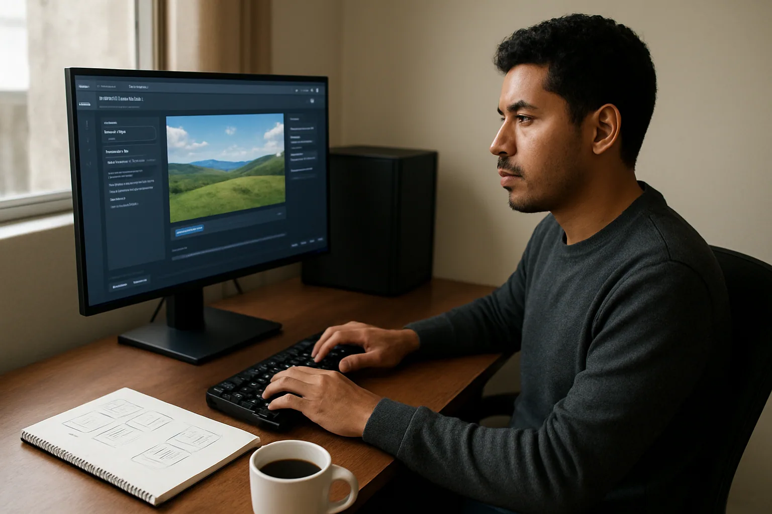Una persona trabaja en un escritorio con una PC compacta y un monitor mostrando una interfaz de generación de imágenes mientras revisa notas impresas al lado.