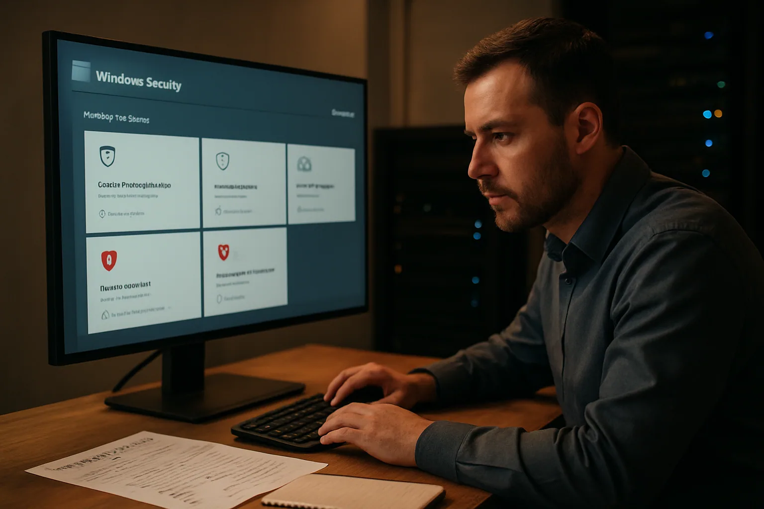 Un analista de ciberseguridad revisa alertas de Windows en un monitor con gráficos de riesgo y notas técnicas en una oficina.