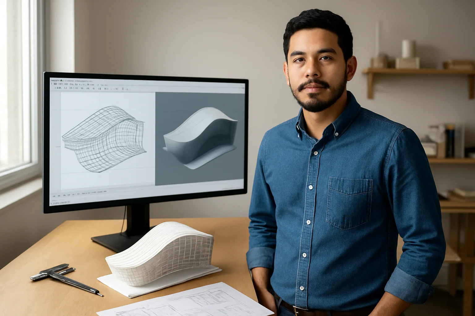 Un diseñador revisa en pantalla un modelo arquitectónico paramétrico en OpenSCAD mientras compara dimensiones y vistas 3D en un escritorio técnico.
