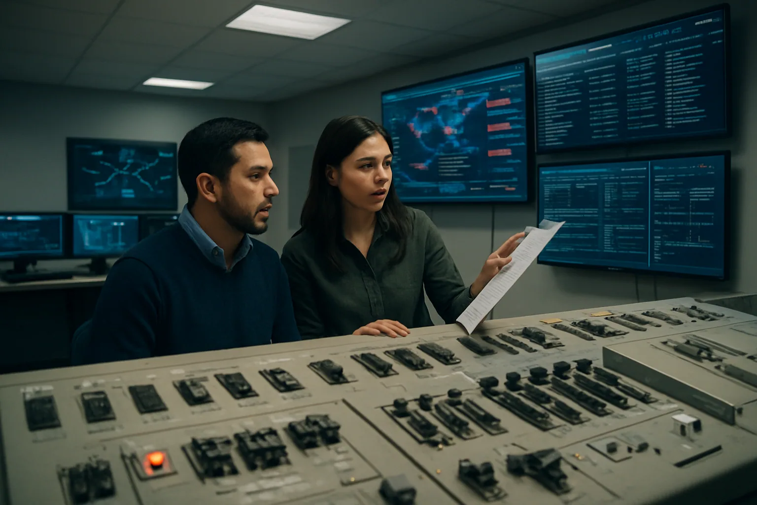 Un centro de control de infraestructura crítica con monitores, operadores y paneles de red mientras un equipo de ciberseguridad revisa alertas en una sala oscura.