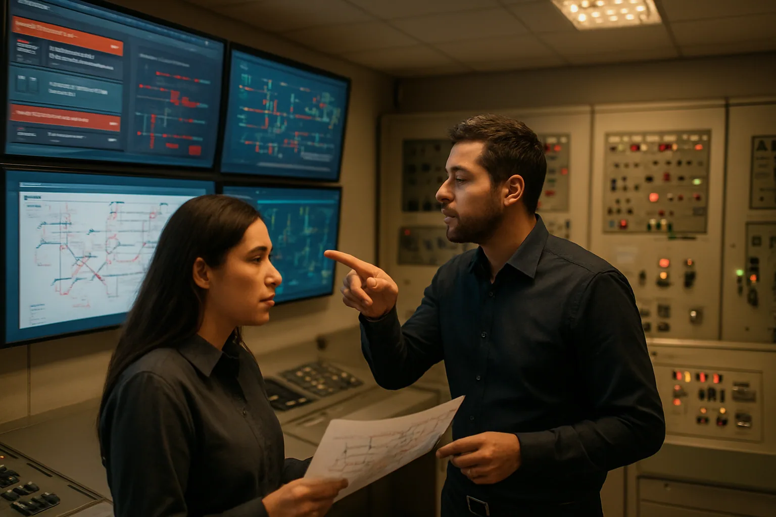 Un centro de control industrial con pantallas de monitoreo, operadores revisando alertas y equipos eléctricos al fondo en una instalación de infraestructura crítica.
