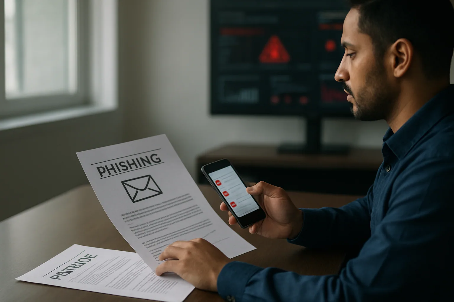 Una persona revisa alertas de seguridad en una oficina mientras en una pantalla grande aparecen intentos de phishing y paneles de monitoreo de ciberseguridad.
