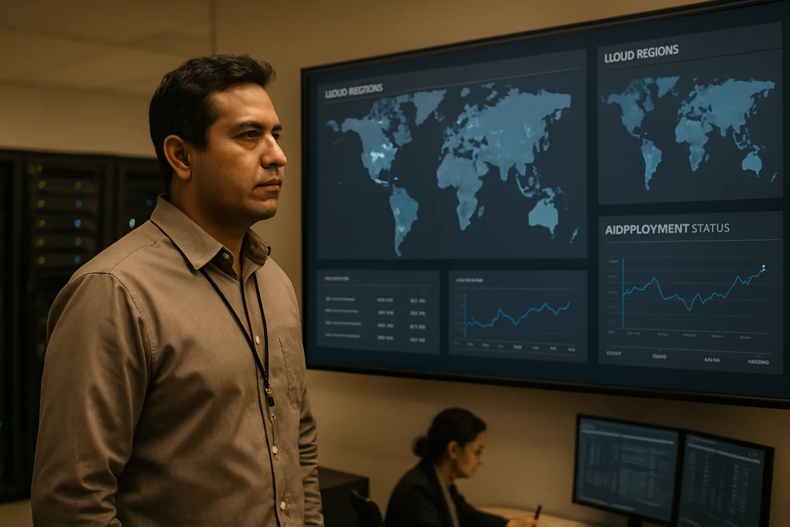 Una sala de operaciones tecnológica con una persona revisando paneles de control de datos y mapas de despliegue de IA en una pantalla grande.
