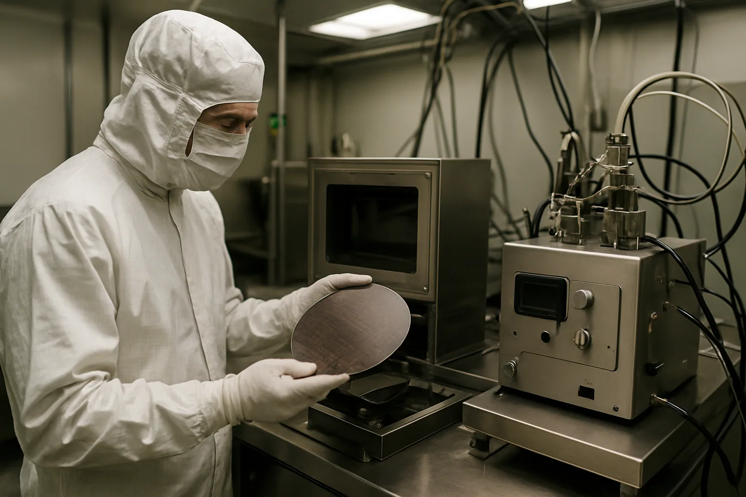 Un técnico con bata revisa un equipo de fabricación de semiconductores dentro de una sala limpia, mientras al fondo se ven herramientas de inspección y racks industriales.