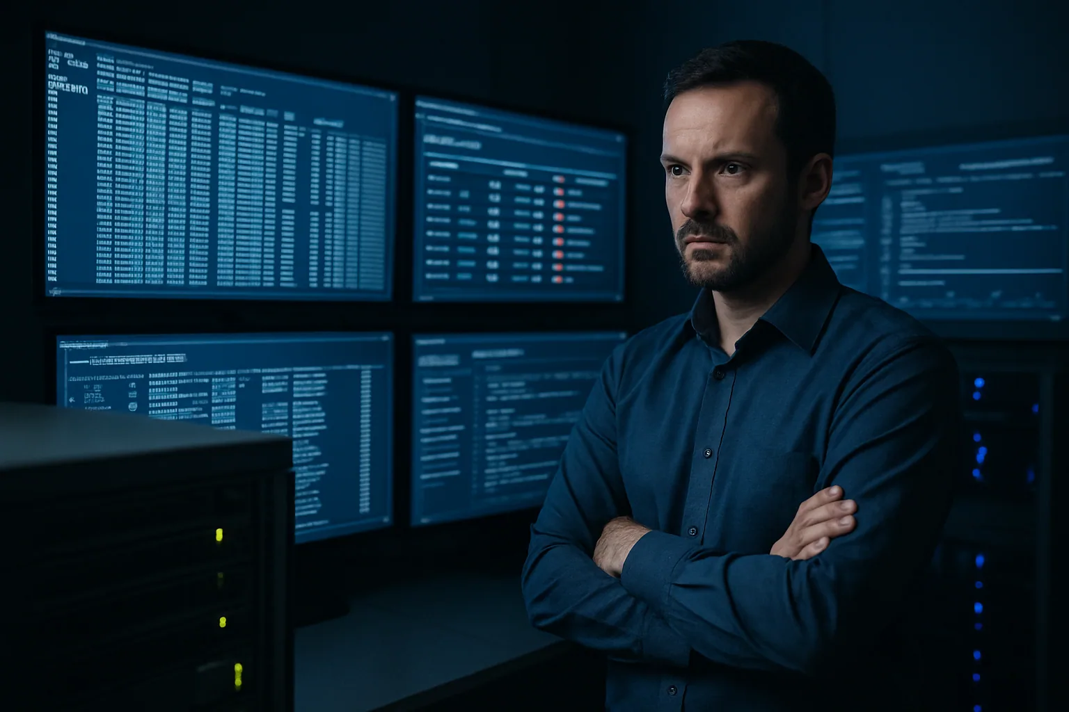 Un administrador de sistemas revisa logs de un servidor Windows en una sala de operaciones con varias pantallas mostrando tráfico web y alertas de seguridad.