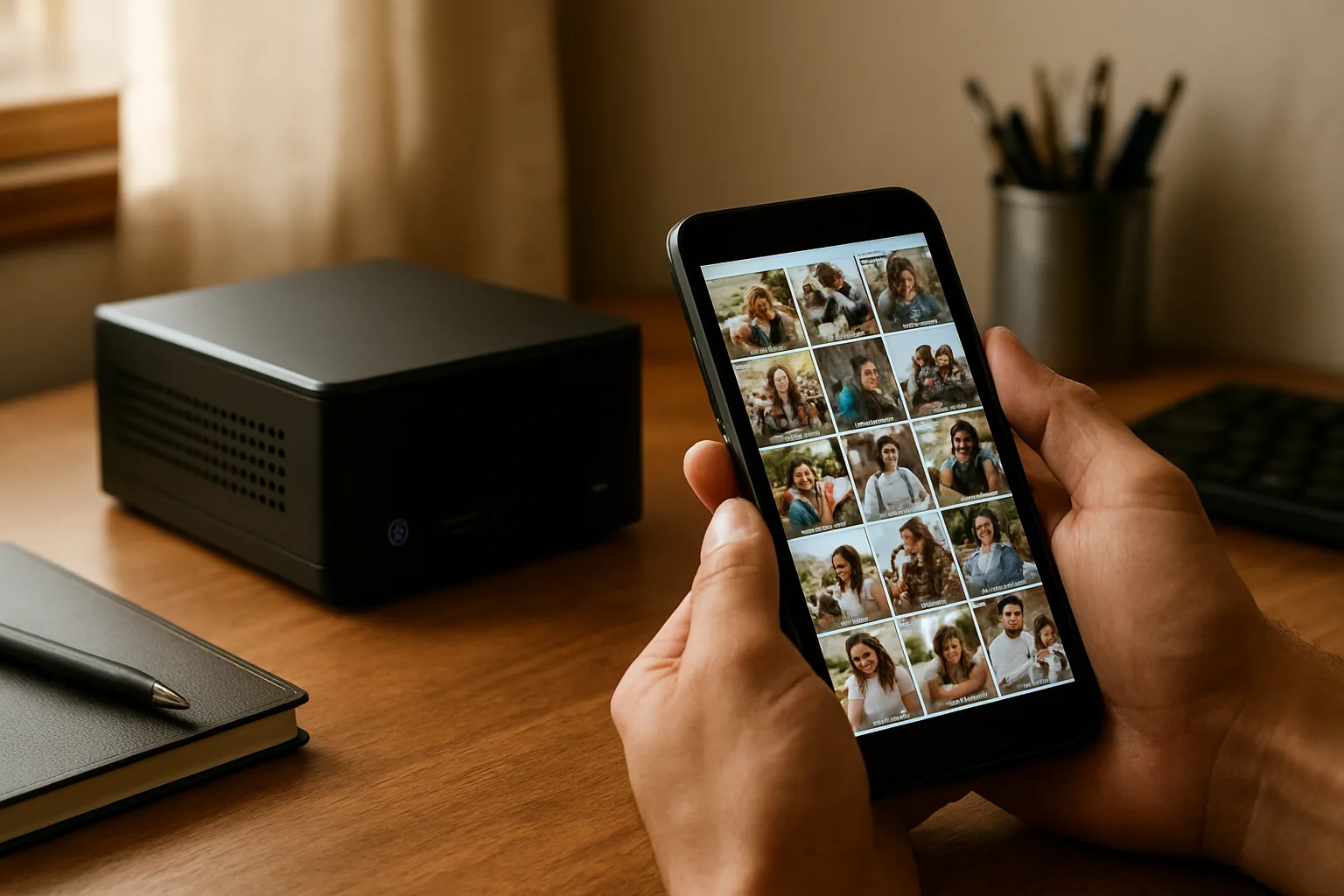 Un teléfono móvil mostrando una galería de fotos privada mientras al fondo se ve un servidor doméstico pequeño y ordenado sobre un escritorio.