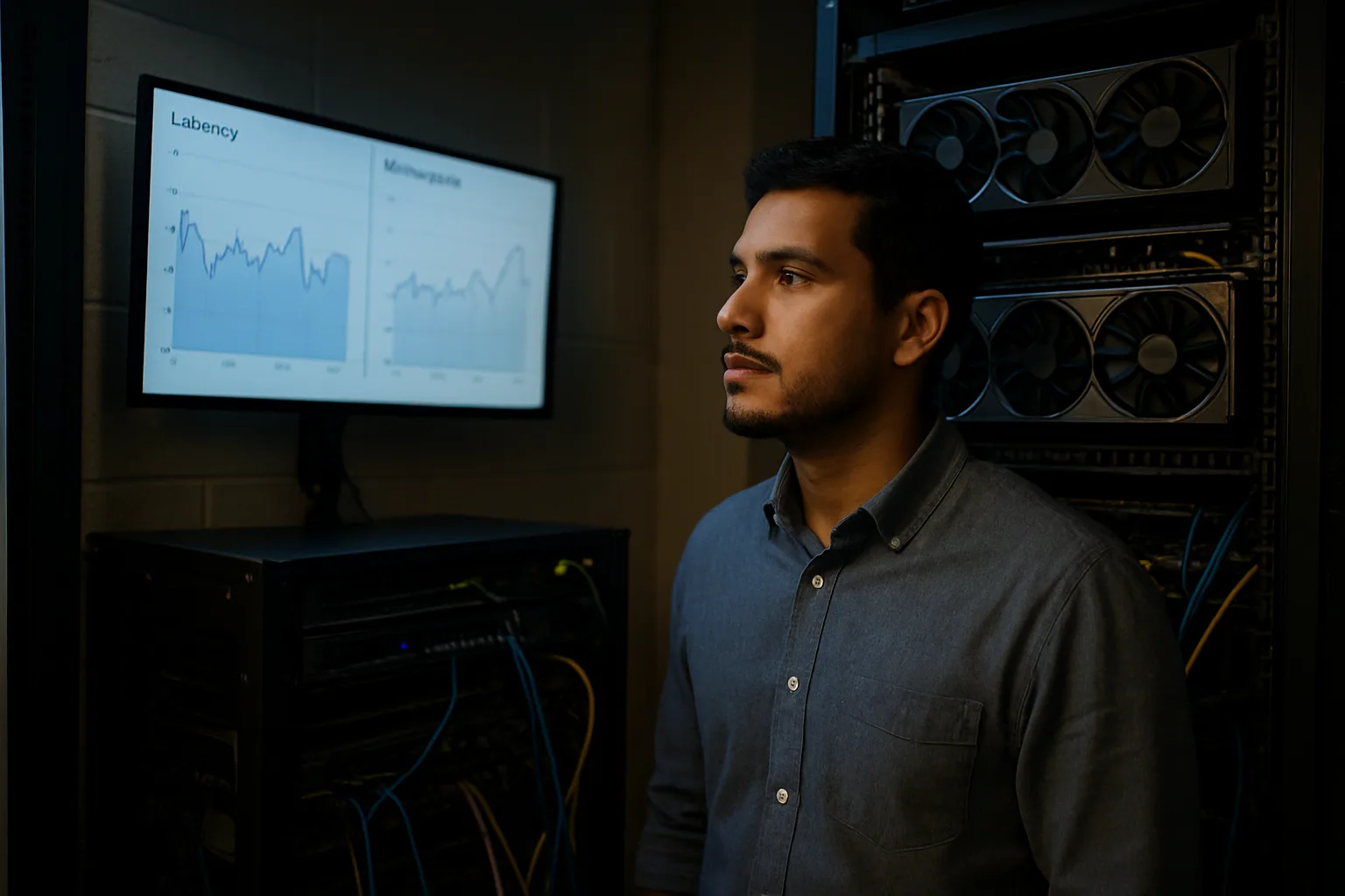 Un equipo técnico revisa un rack de servidores en una sala de cómputo mientras una persona monitorea métricas de inferencia en una pantalla grande.
