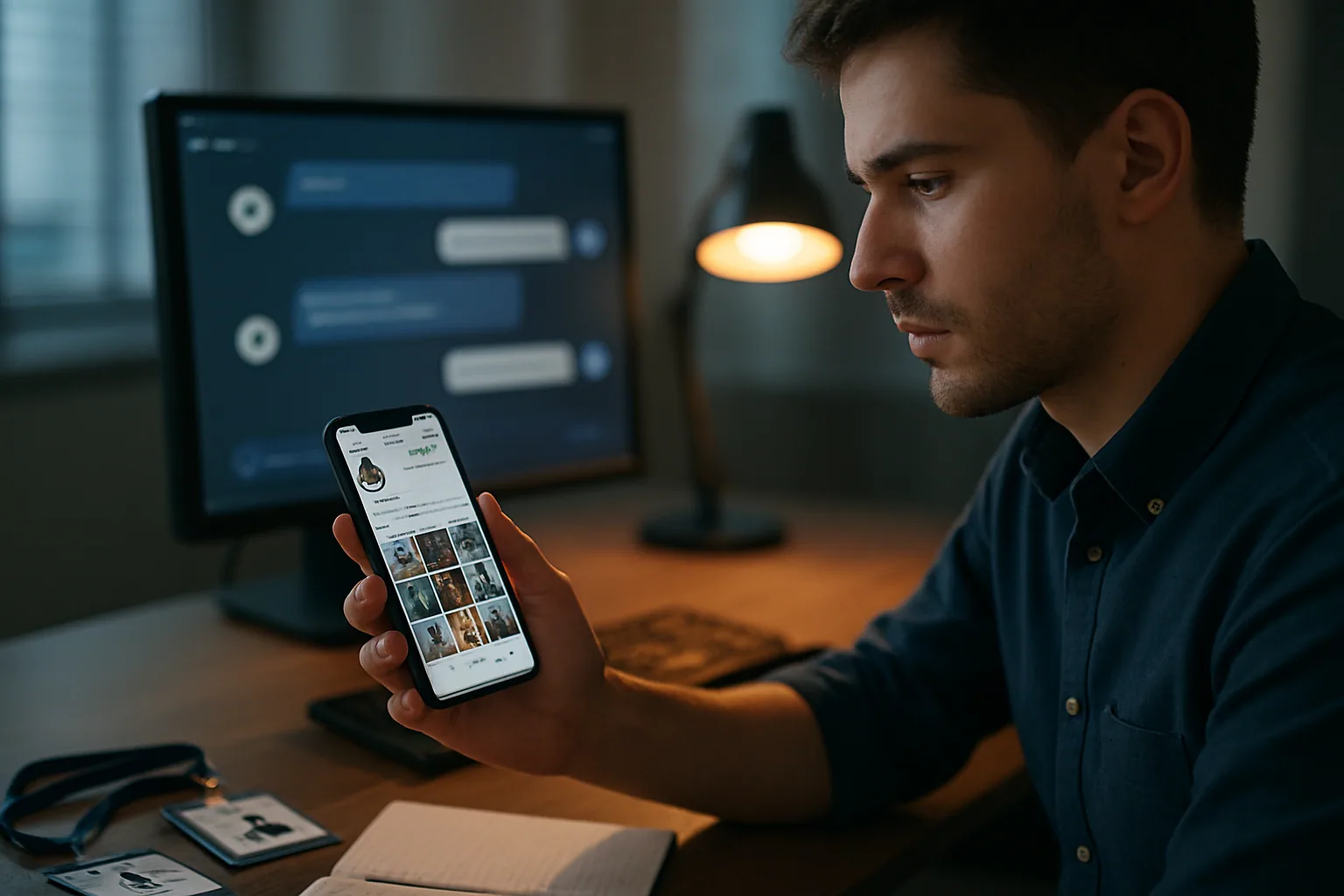 Una persona revisa una cuenta de Instagram en su teléfono mientras al fondo aparece una interfaz de chatbot en una pantalla de oficina.