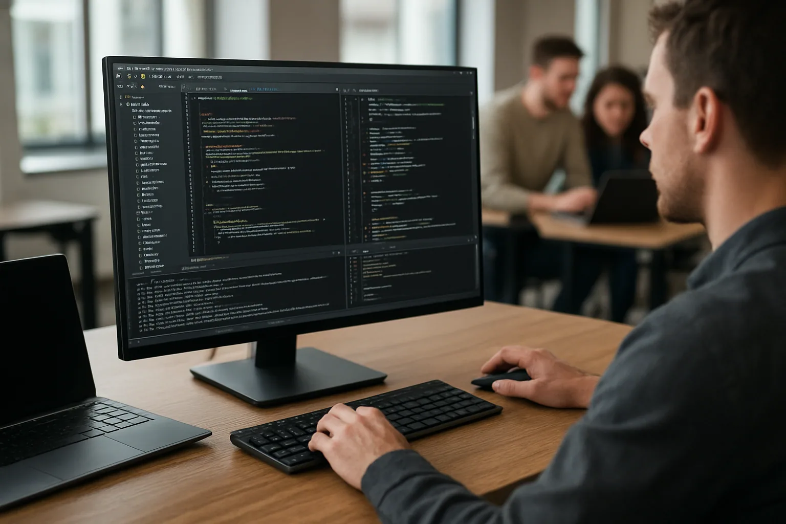 Un desarrollador revisa IntelliJ IDEA en un monitor grande dentro de una oficina, con código Java y TypeScript abierto y varias personas trabajando al fondo.