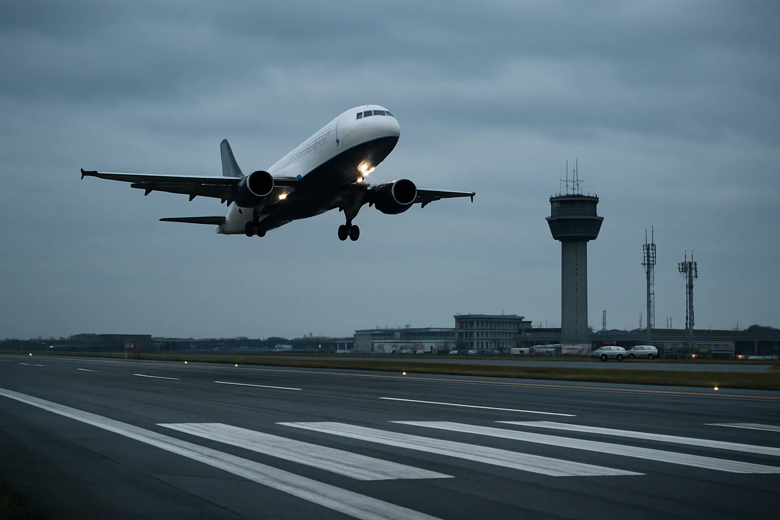 Un avión comercial despega sobre una pista europea mientras una torre de control y antenas de telecomunicaciones aparecen al fondo bajo cielo nublado.