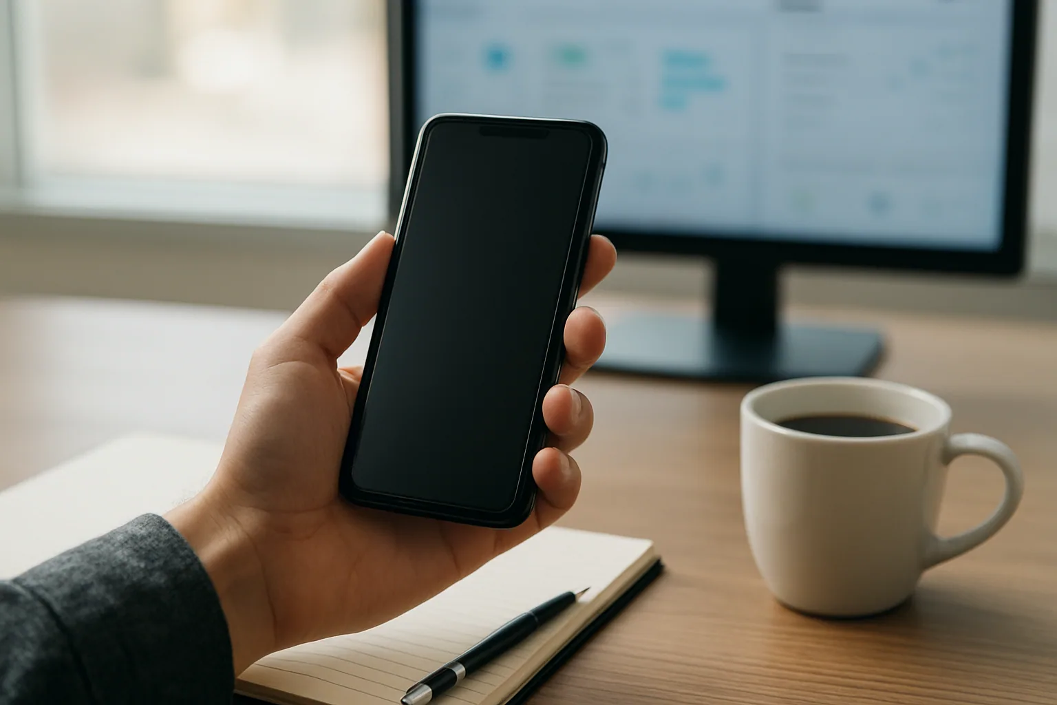 Un iPhone sobre una mesa junto a una libreta y un café, con una interfaz de Apple Intelligence visible en pantalla mientras una persona revisa tareas en una oficina moderna.