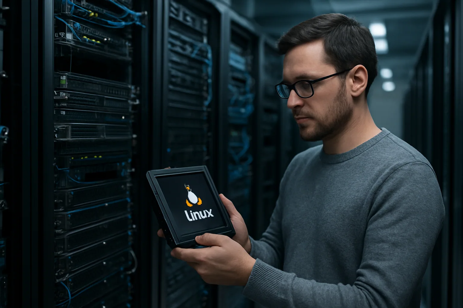 Un administrador revisa logs de un servidor Linux en una sala de datacenter mientras un rack de virtualización permanece encendido al fondo.