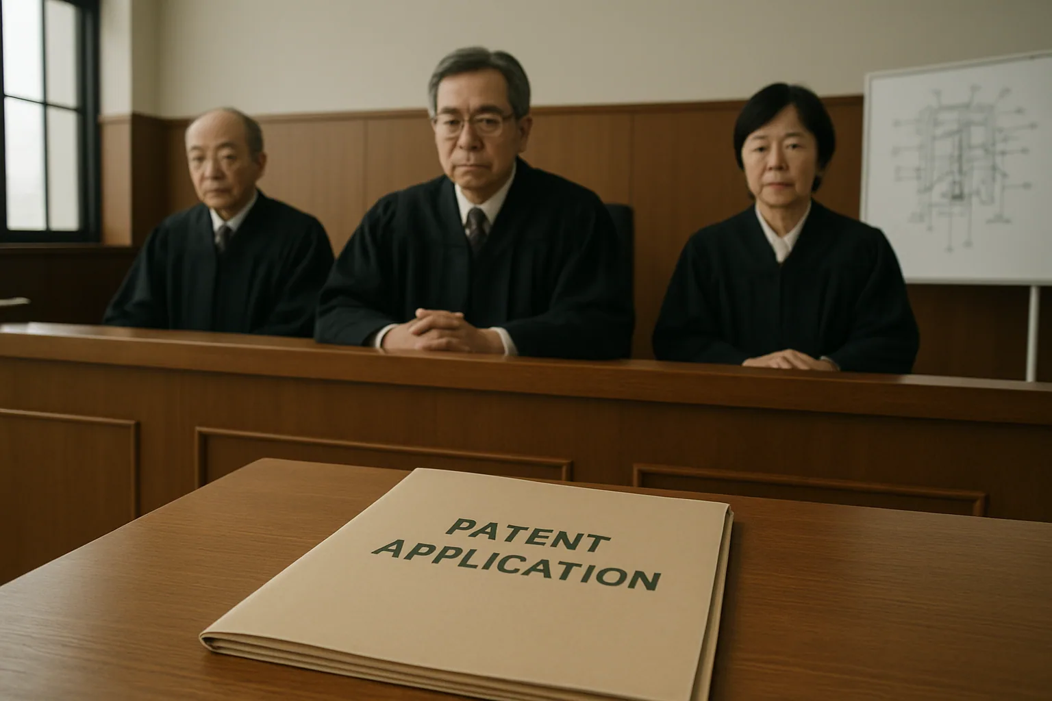 Una sala de tribunal en Japón con jueces sentados frente a documentos de patentes y una ilustración técnica en una pantalla al fondo.