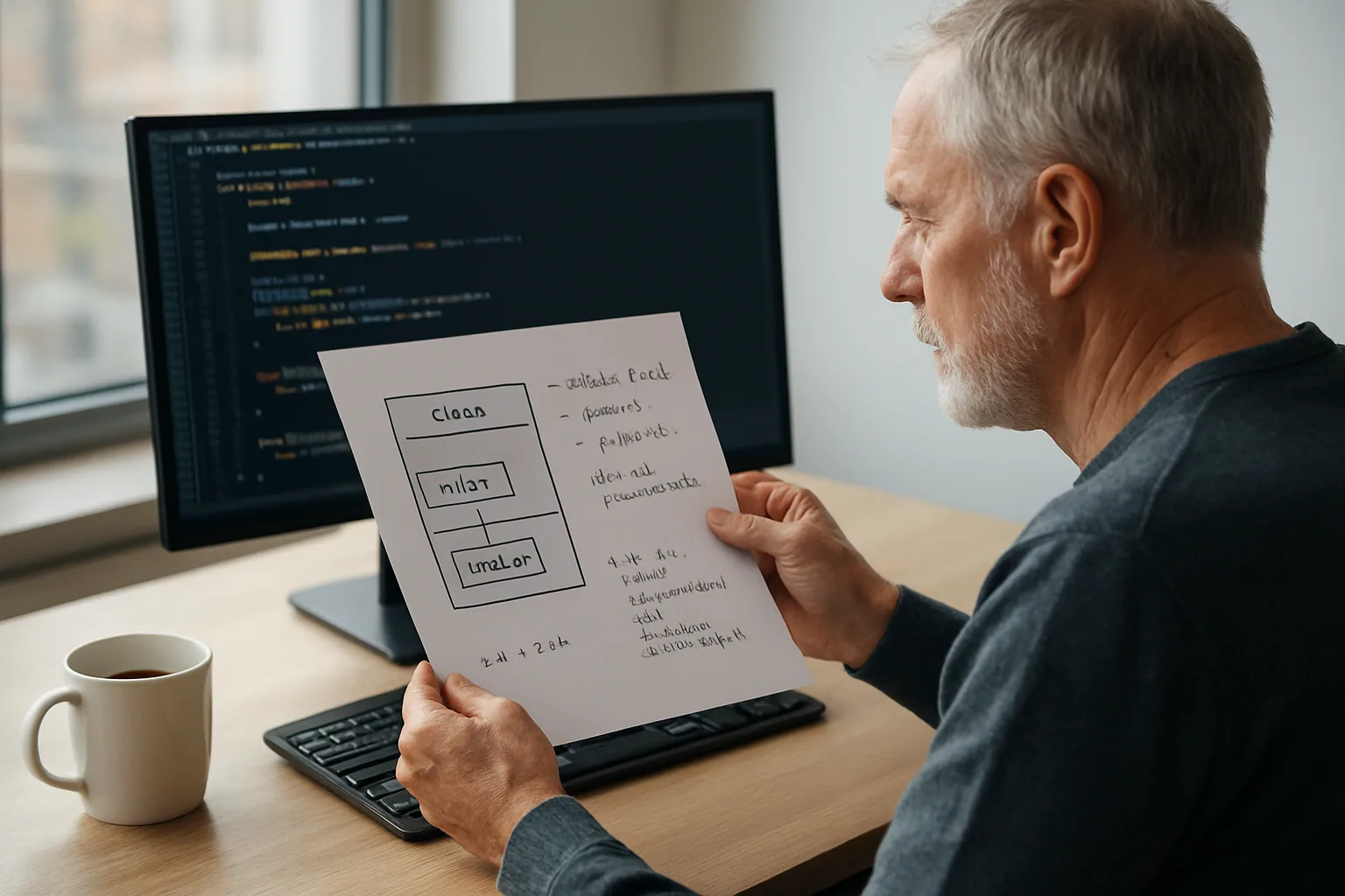 Una persona revisa código Java en una pantalla mientras al lado hay un diagrama de clases y notas sobre inicialización de campos en un escritorio de trabajo.