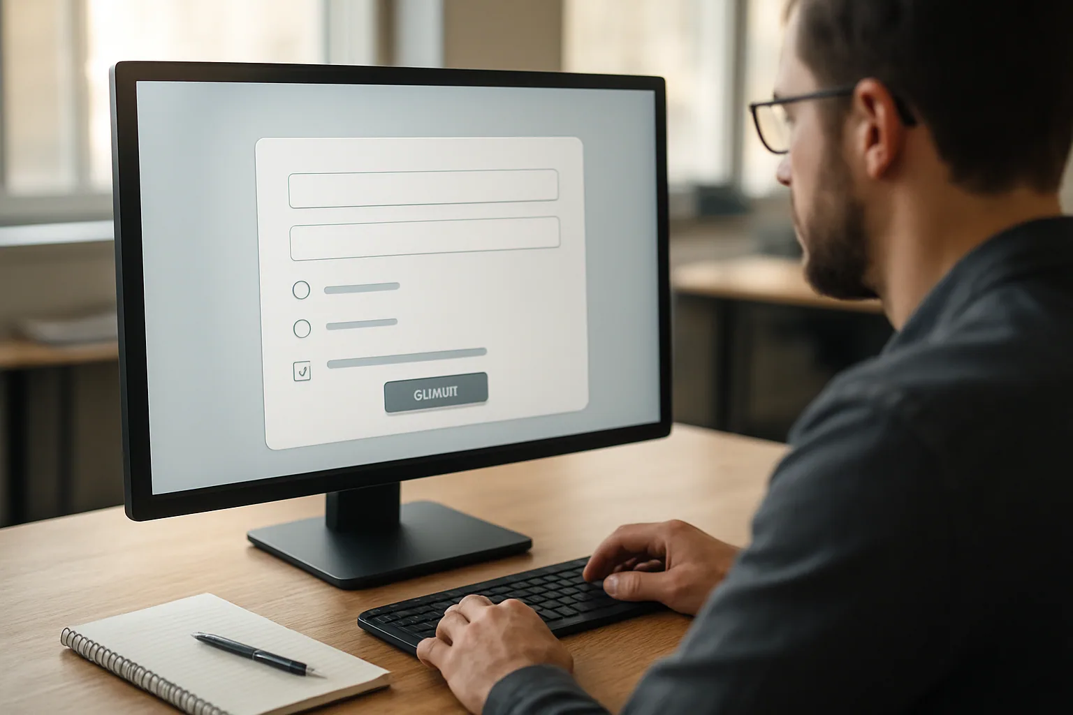 Una persona de frontend revisa en un monitor de escritorio un formulario web con controles nativos y una interfaz visual suave en una oficina moderna.