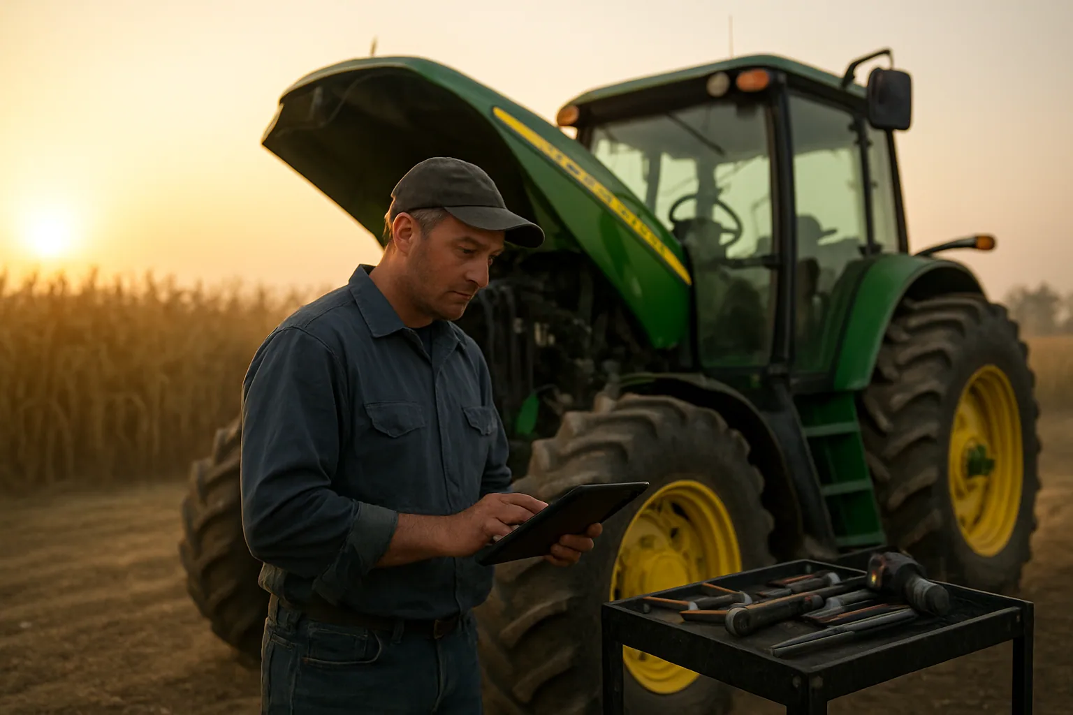 Un técnico agrícola revisa el panel de diagnóstico de un tractor John Deere estacionado en un campo de cultivo al amanecer.