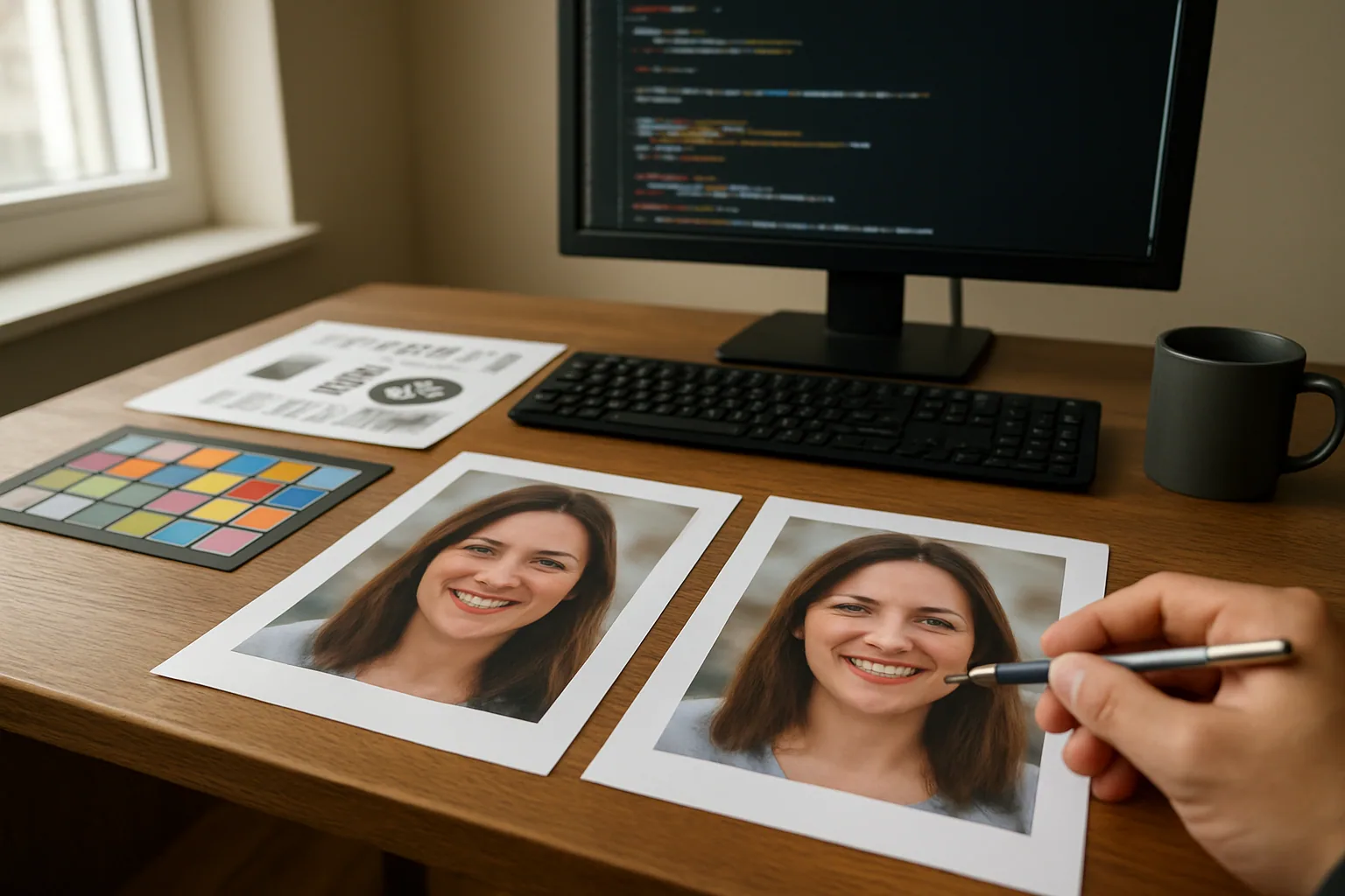 Una mesa de trabajo con impresiones de imágenes JPEG comparadas lado a lado, mostrando bloques y artefactos visibles en una fotografía técnica.
