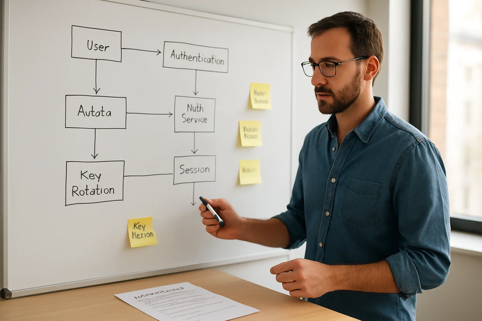 Una persona revisa un diagrama de autenticación con tokens, llaves y sesiones en una pizarra de oficina.