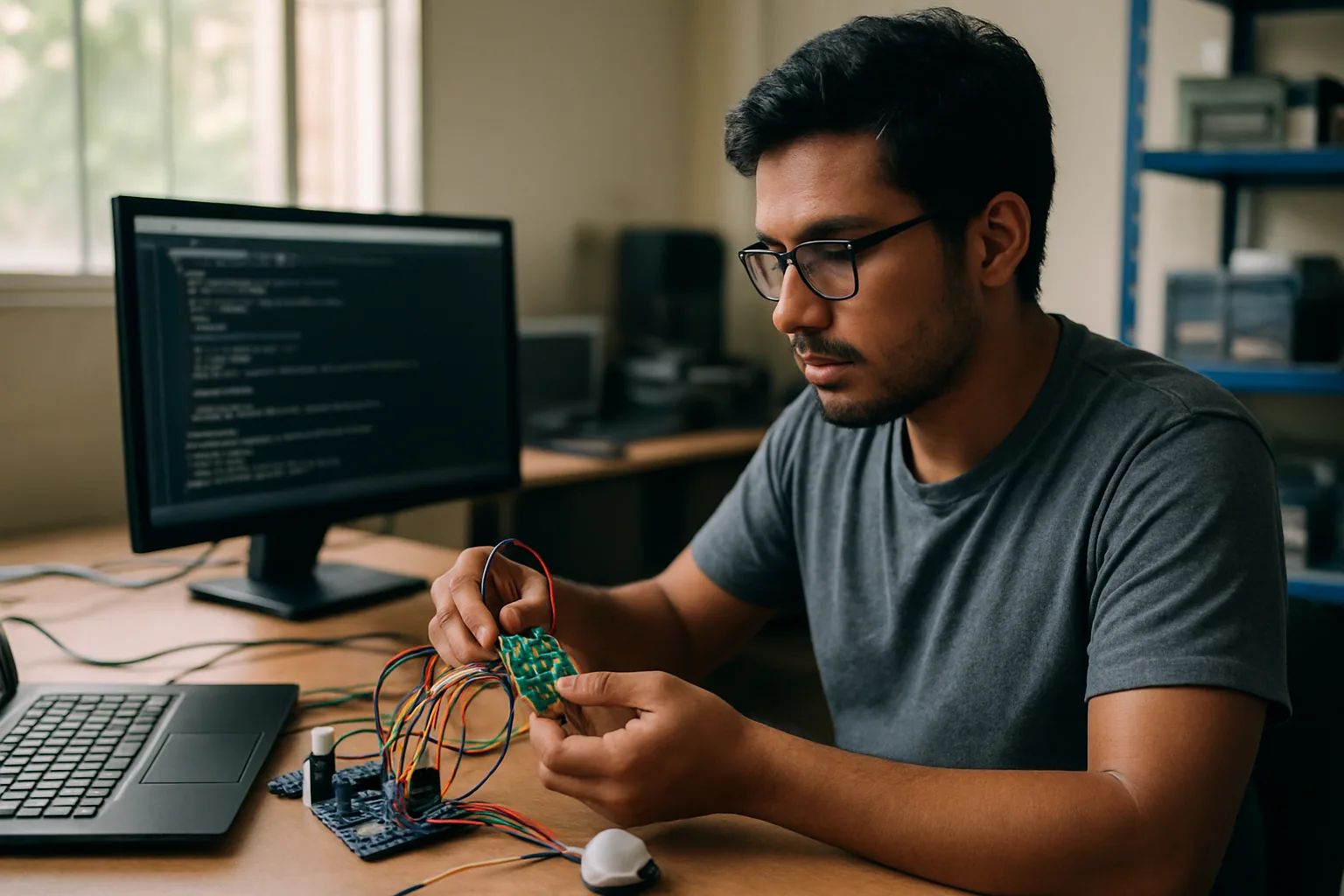 Una ingeniera revisa en un laboratorio de sistemas embebidos una placa con sensores mientras analiza resultados de verificación de software en una pantalla secundaria.