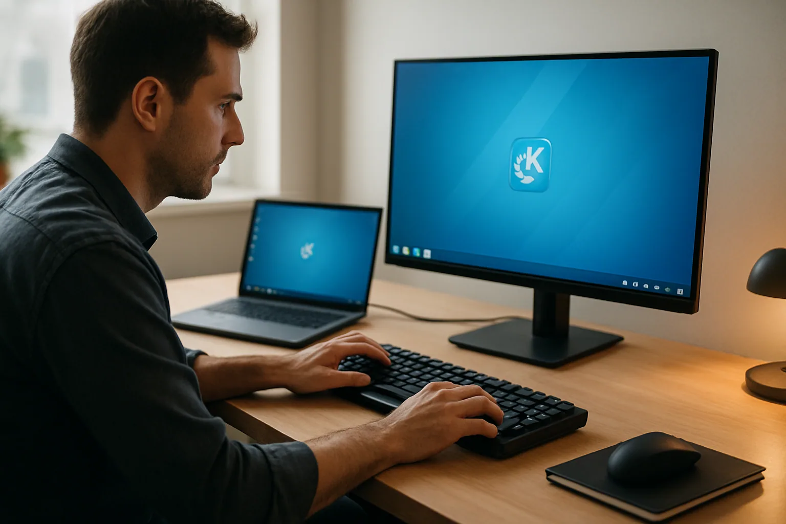 Una persona usa una laptop con KDE Plasma abierto en una mesa de trabajo, con un monitor externo mostrando paneles y ventanas del escritorio Linux.
